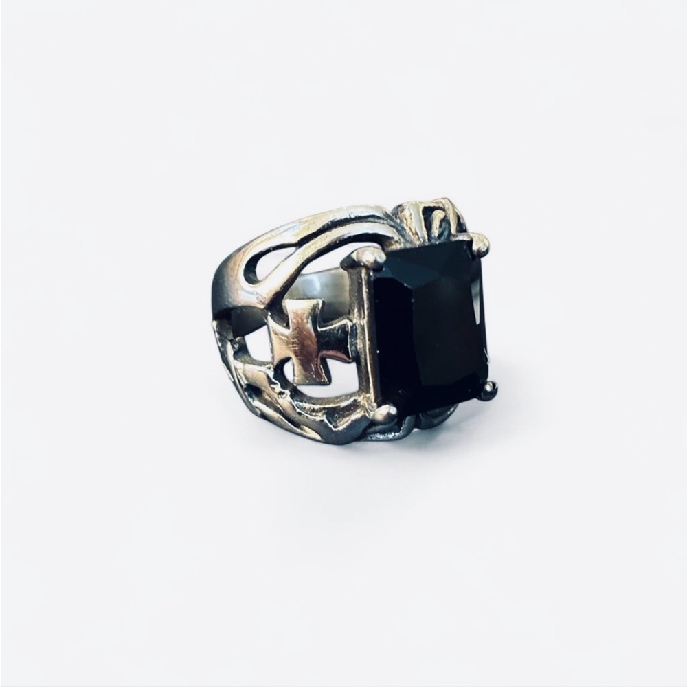 Black Face Square Gem Silver Gothic Ring Size 12 - image 1